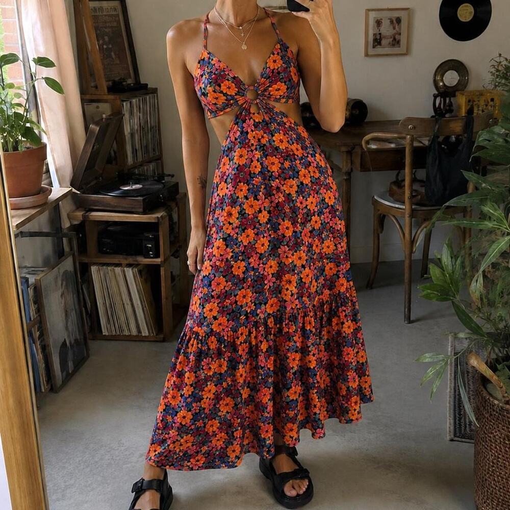 Eclair Floral Cutout Maxi Dress O Ring Open Waist Boho Summer Small